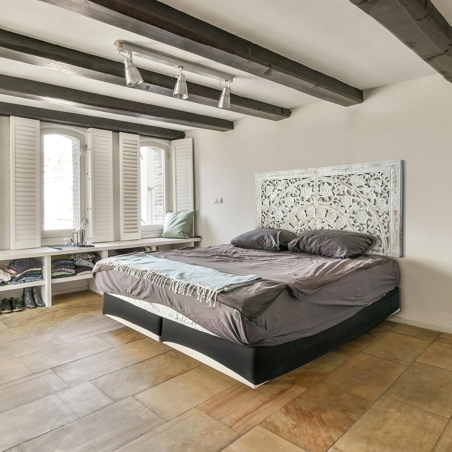 Carved Half Bed Headboard "Dianna" White Wash - USA