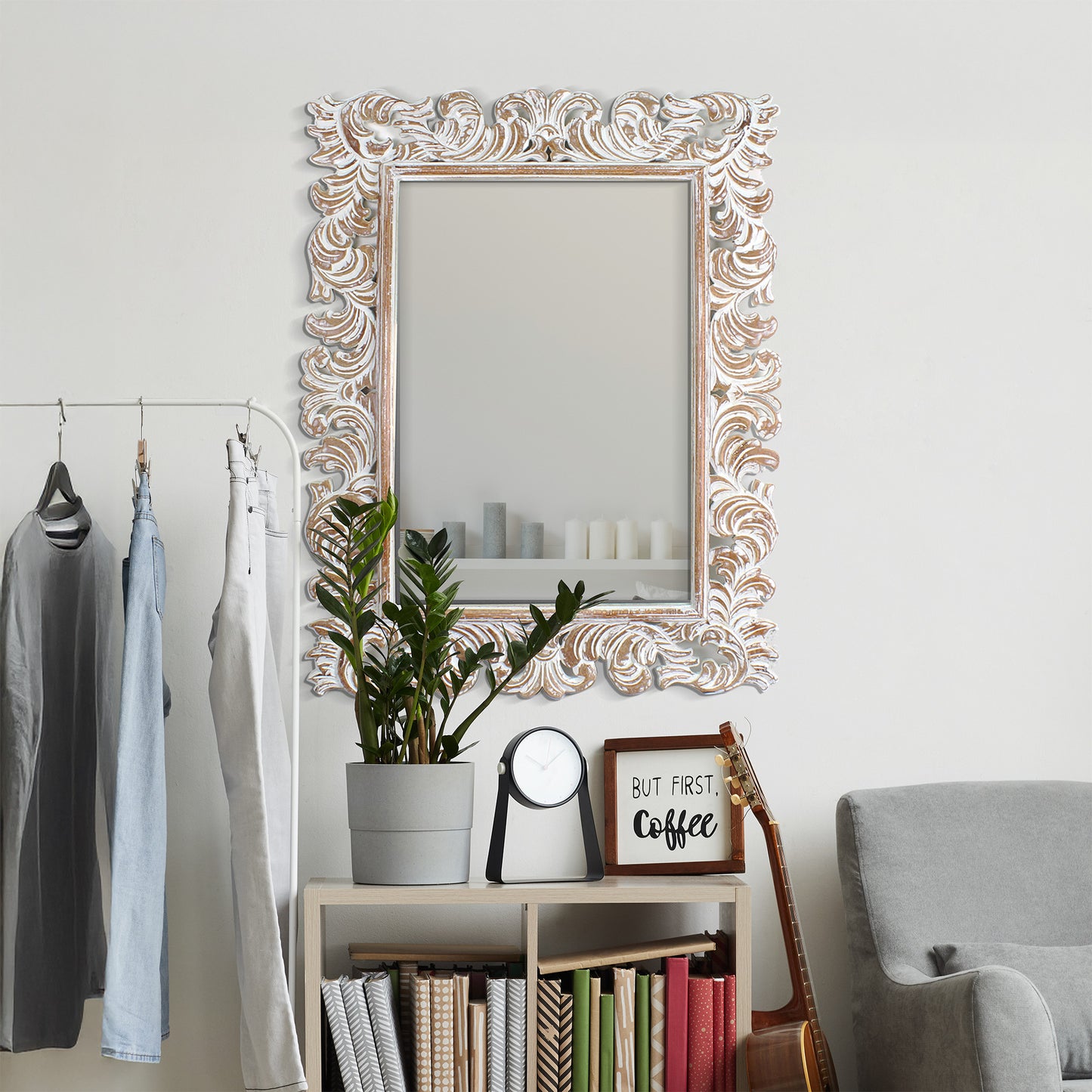 Hand Carved Mirror "Kuno" Antic-wash - 100 cm