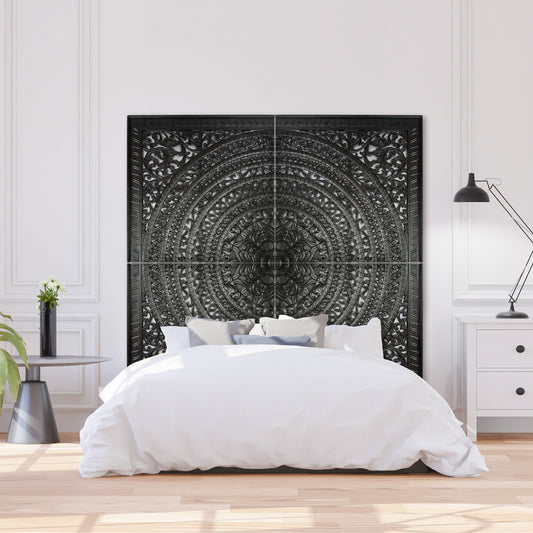 Carved Full Bed Headboard "Kusuma" in Black