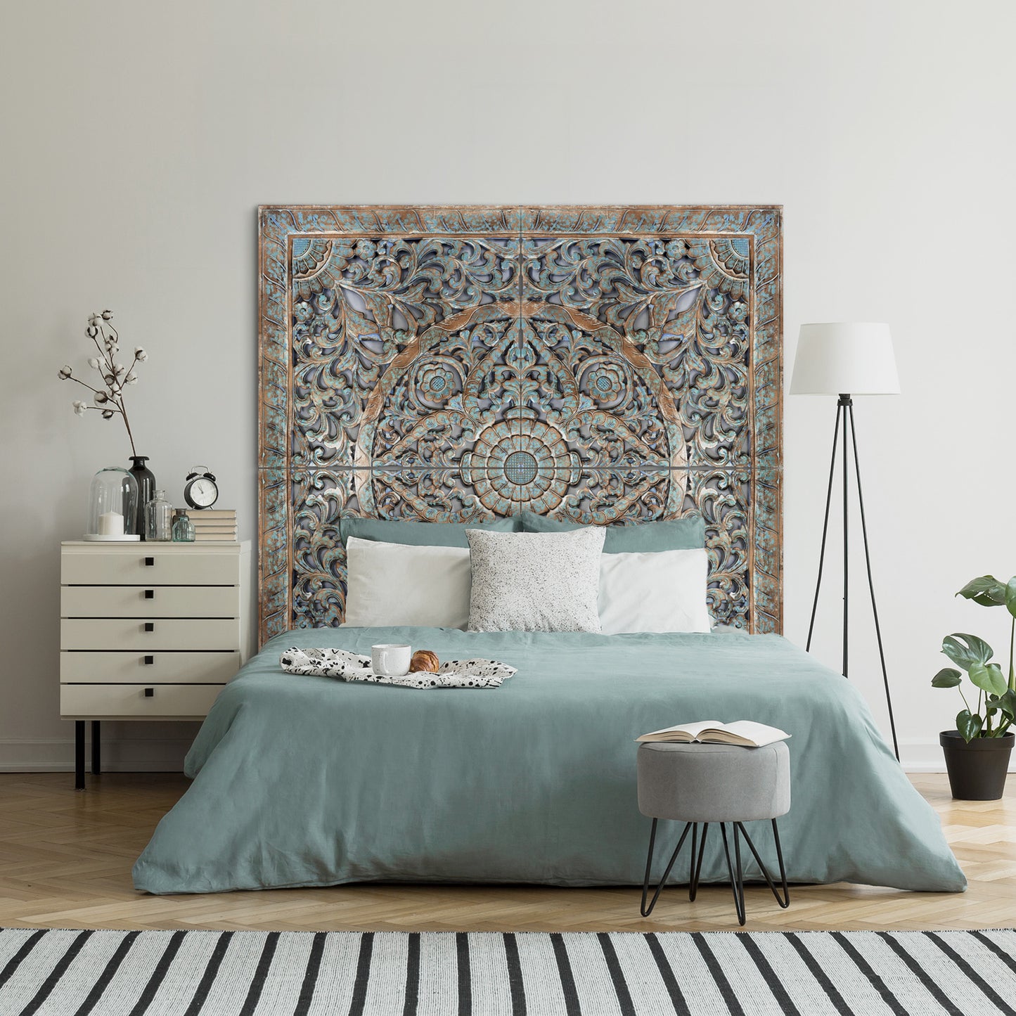 Carved Full Bed Headboard "Samudra" - Green Wash - USA