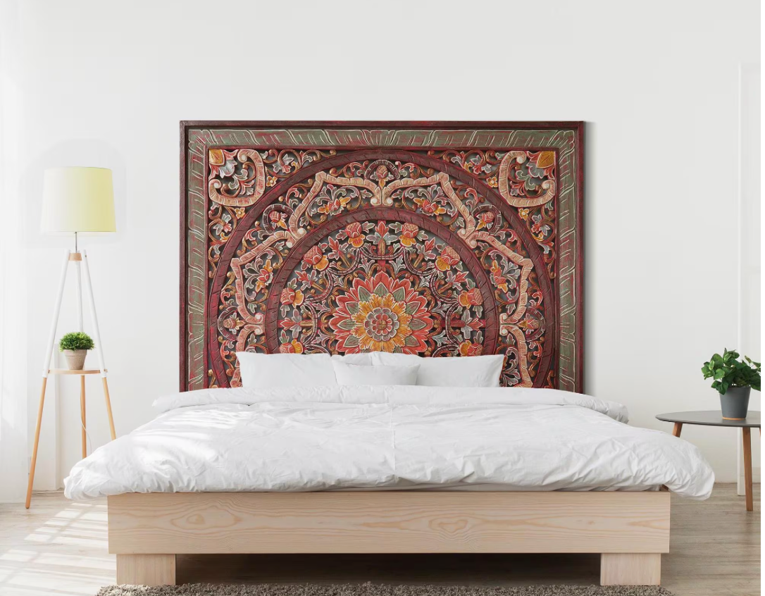 Balinese King Size Carved mandala full bed headboard Manusa in Red - 72 inches - USA