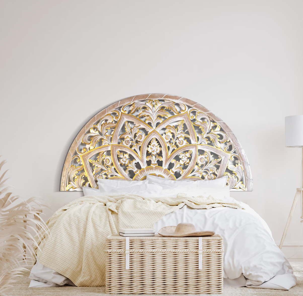 Hand Carved Queen Size Half-moon Mandala Bed headboard Bunga in multi color