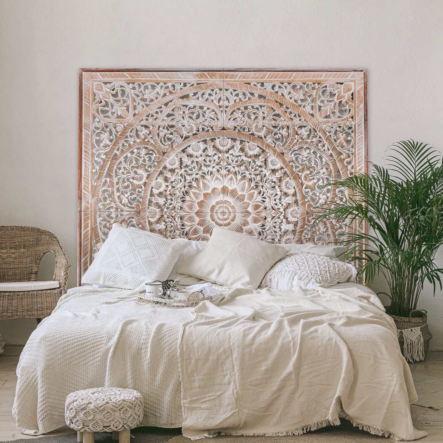 Carved Full Bed Headboard "Manusa" - Antic-wash