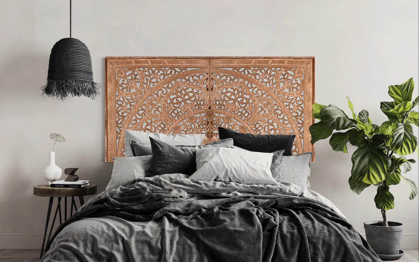 Half cut Carved Bed Headboard "Manusa" - Natural - USA