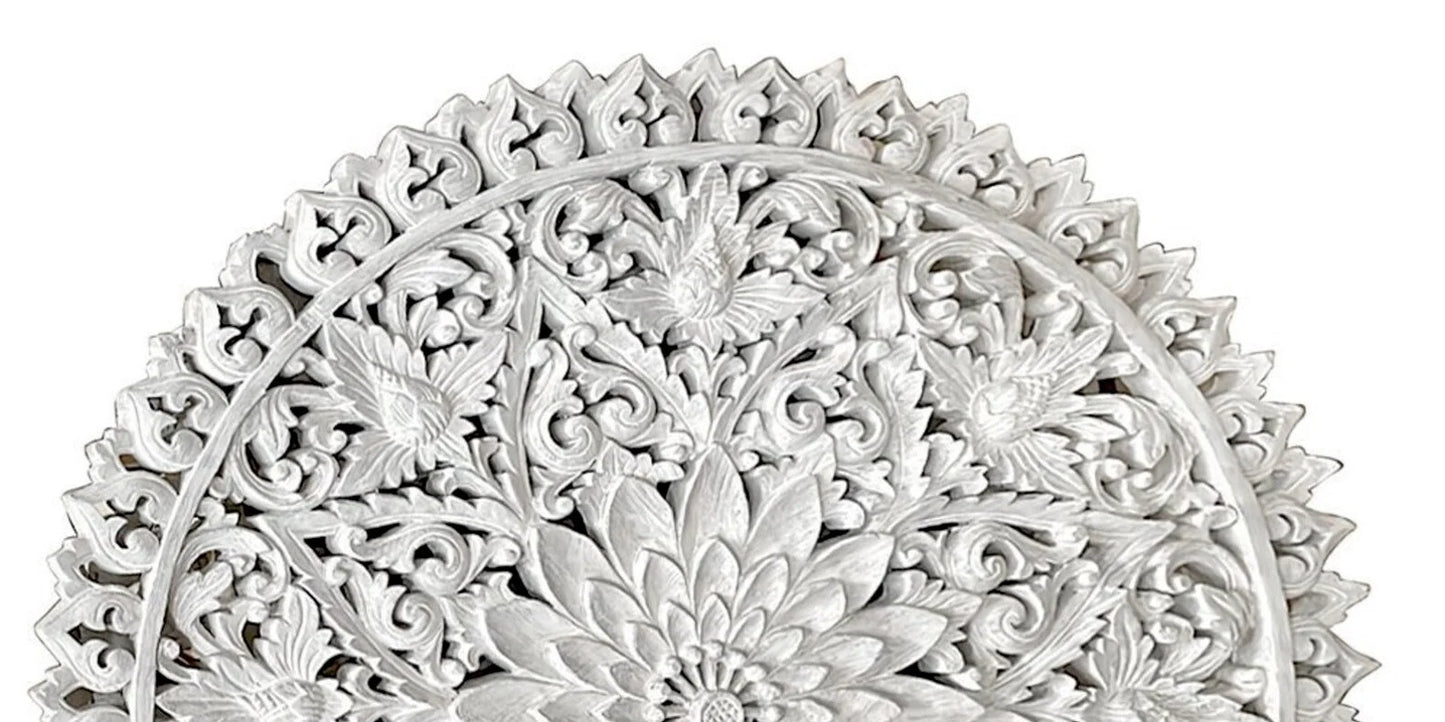 Hand carved Half-moon Mandala Bed headboard 'Serupa' in White wash - USA