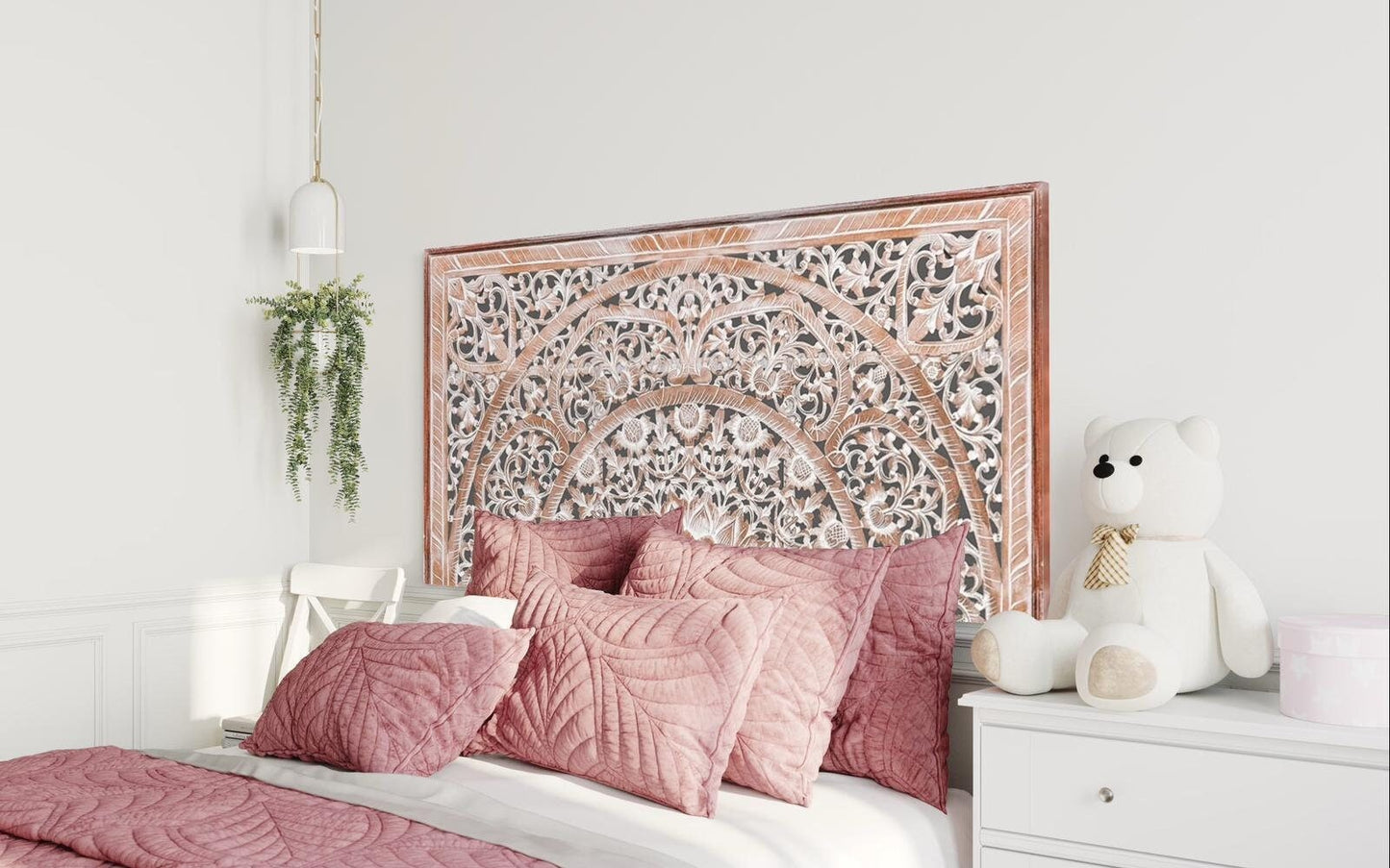 Half Cut Carved Bed Headboard "Manusa" - Antic Wash - USA