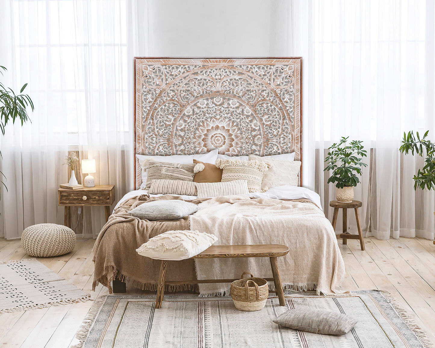 Carved Full Bed Headboard "Manusa" - Antic-wash