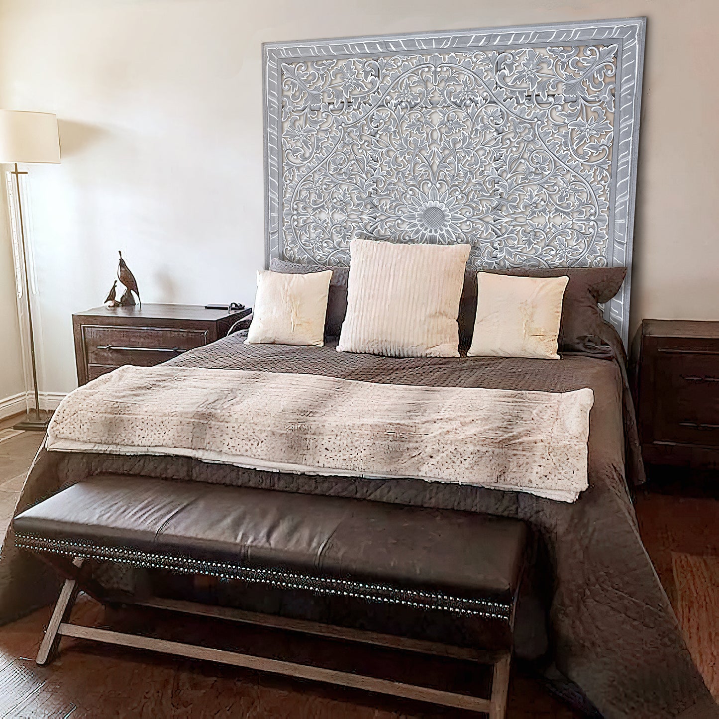 Carved Full Bed Headboard "Suksema" - Grey