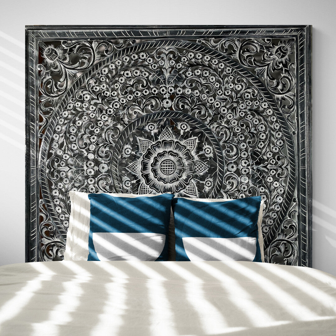 Carved Full Bed Headboard "Peony" - Monochrome