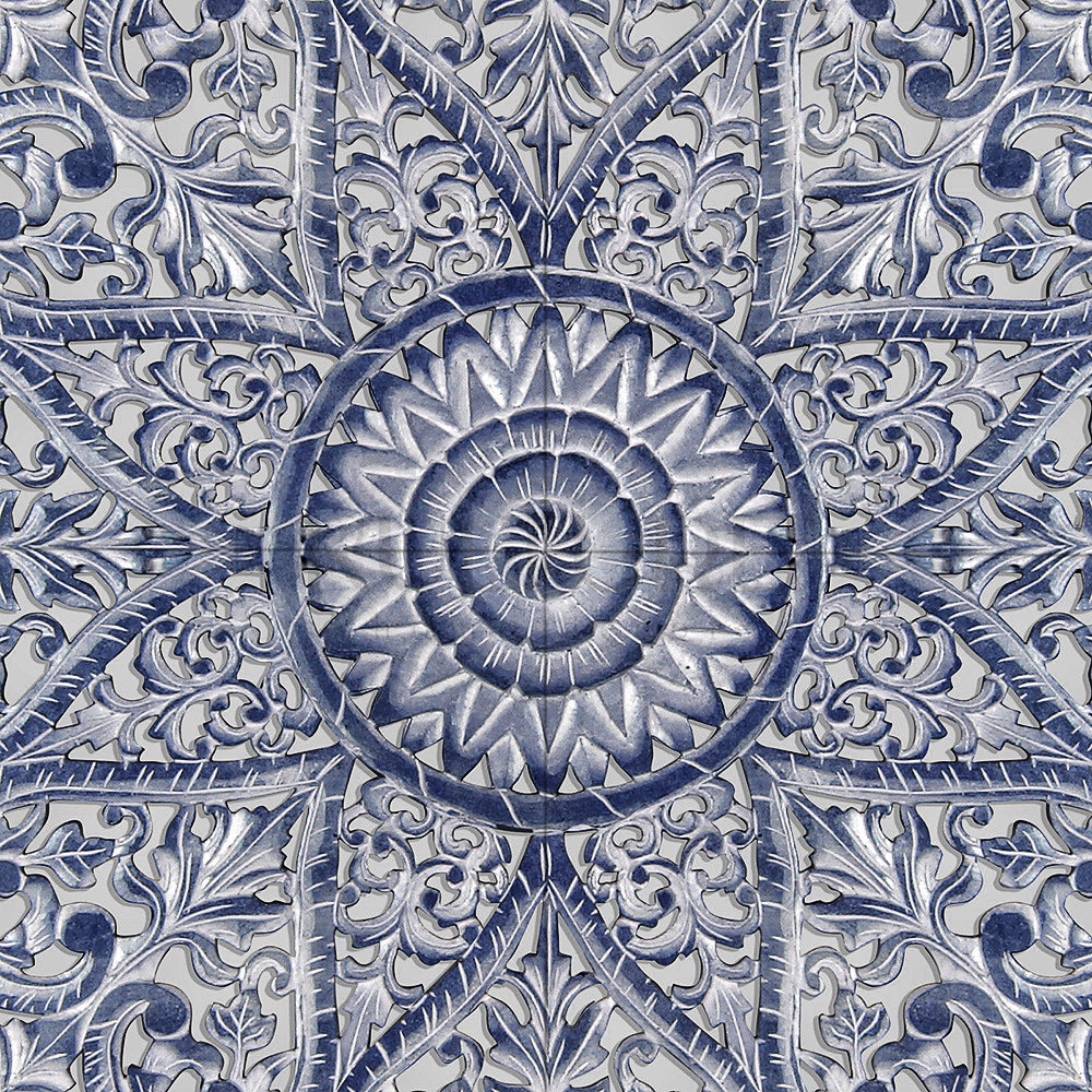 Carved Full Bed Headboard "Jantung" - Navy Blue Wash - USA