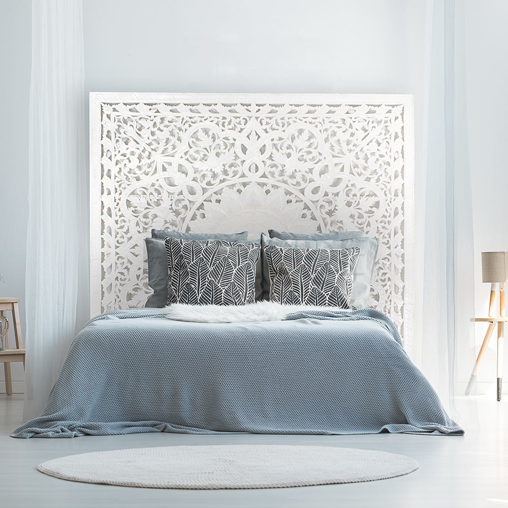 bed headboard raflessia white wash bali design hand carved hand made home decorative house furniture wood material