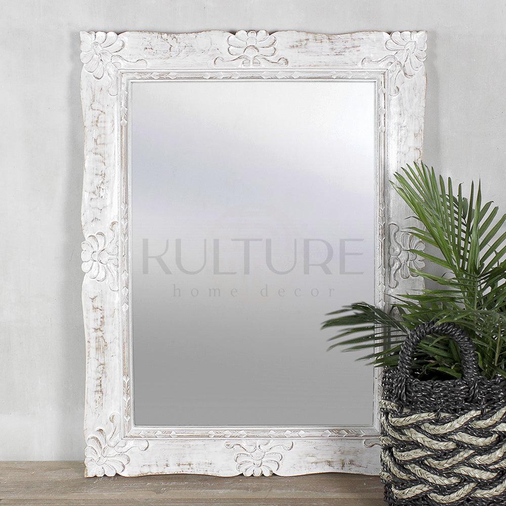 Hand Carved Mirror Pertiwi White Wash 90 cm
