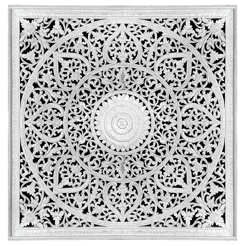 Hand Carved Queen Size Mandala Bed Headboard Umadewi 59" in White Wash | Hand Carved Wall Decor | Wood Wall Art | Boho Bed Headboard