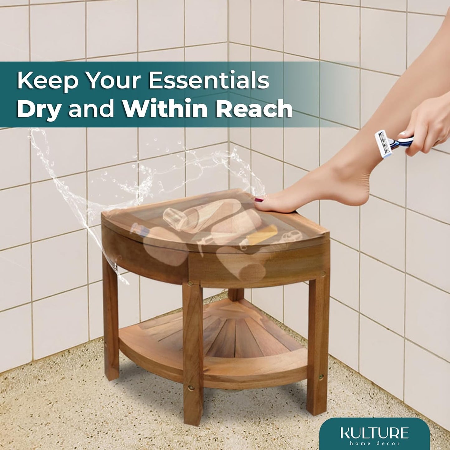 Teak Shower Corner Bench [with Extra Waterproof Storage] 16 inch - US