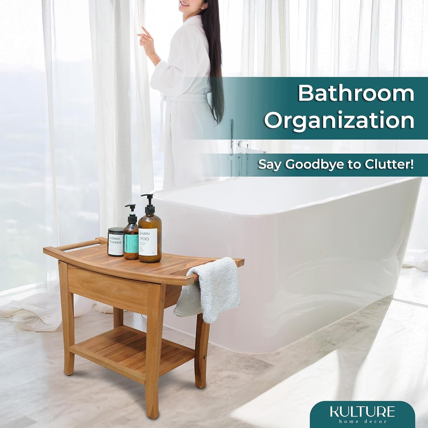 Teak Shower Bench [with Extra Waterproof Storage] 24 inch - US