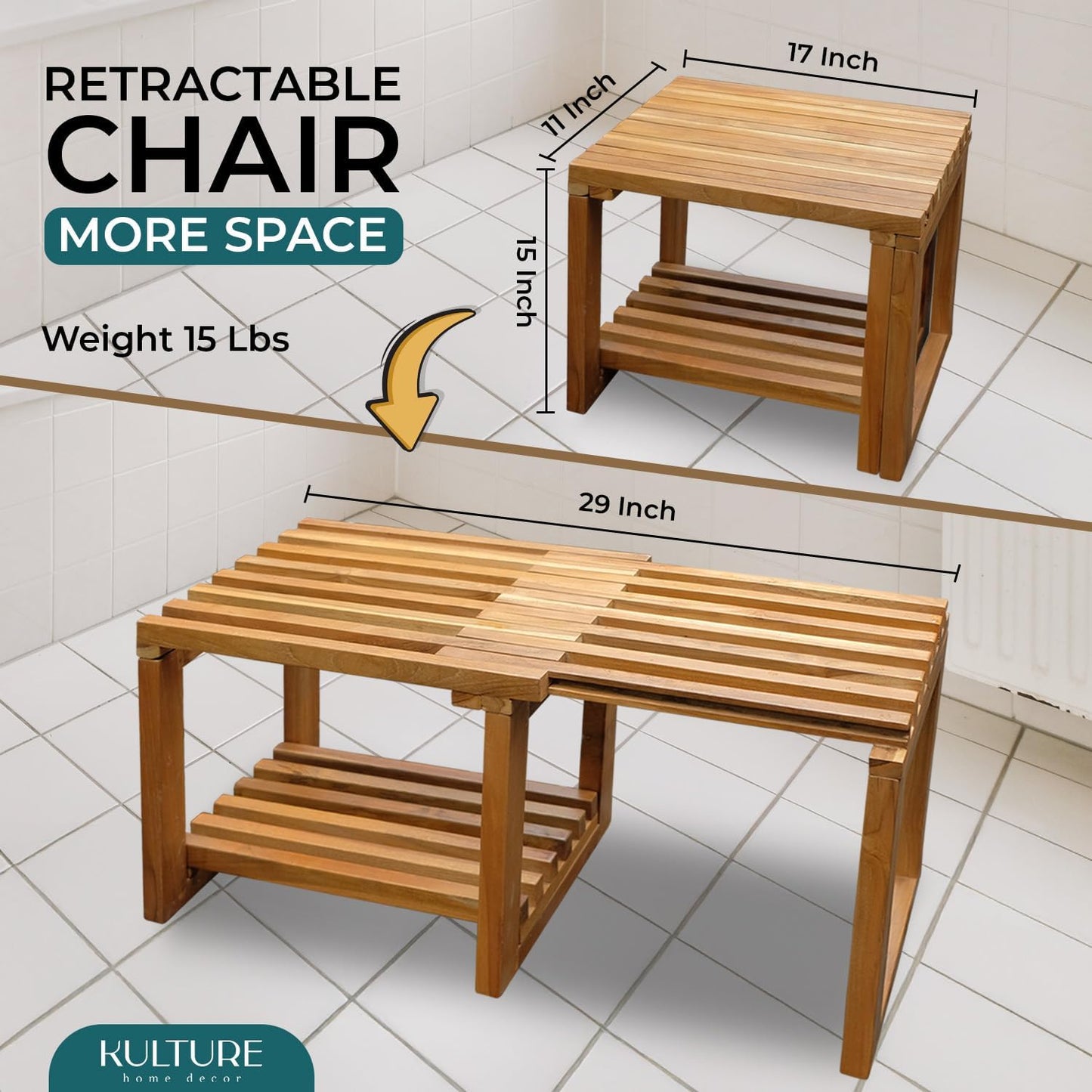 Teak Shower Bench [Expandable from 17" to 30"]  - US