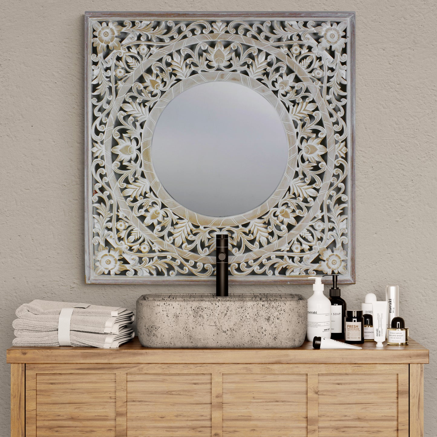 Hand Carved Mirror "Kilau" Antic-wash - 100 cm