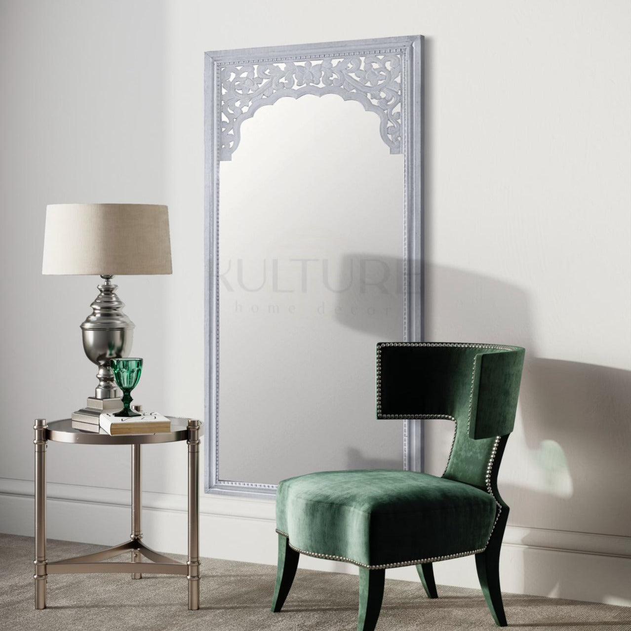 Hand Carved Mirror "Cahaya" in white - 150 cm