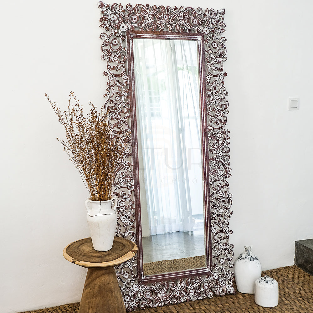 CUSTOM Hand Carved Mirror "Agung" Brown Wash - 215 cm