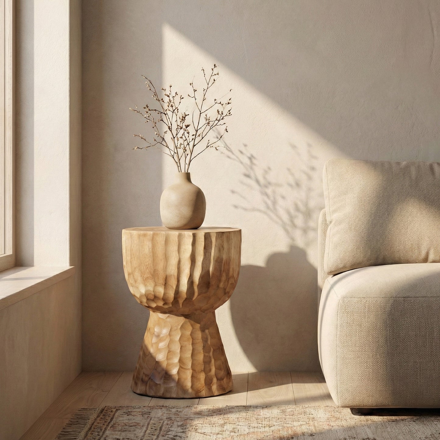 Sculptural Wooden Side Table / Stool 'Rantika' in Natural - 35 x 45 cm