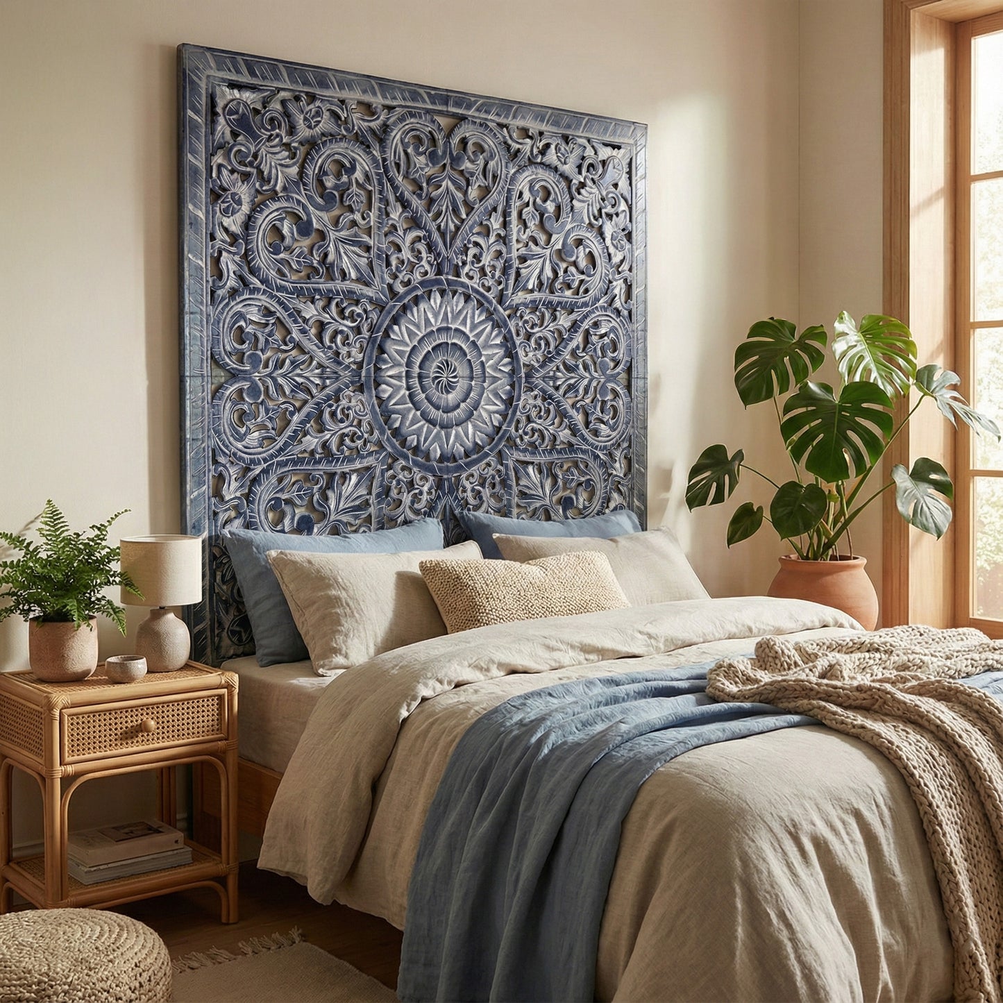 Carved Full Bed Headboard "Jantung" - Navy Blue Wash - USA