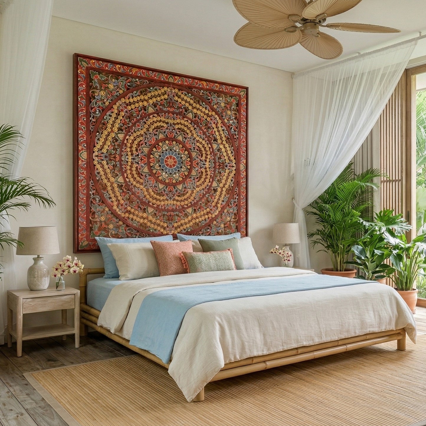 Carved Bed Headboard 'Malawi' - Multicolour Red