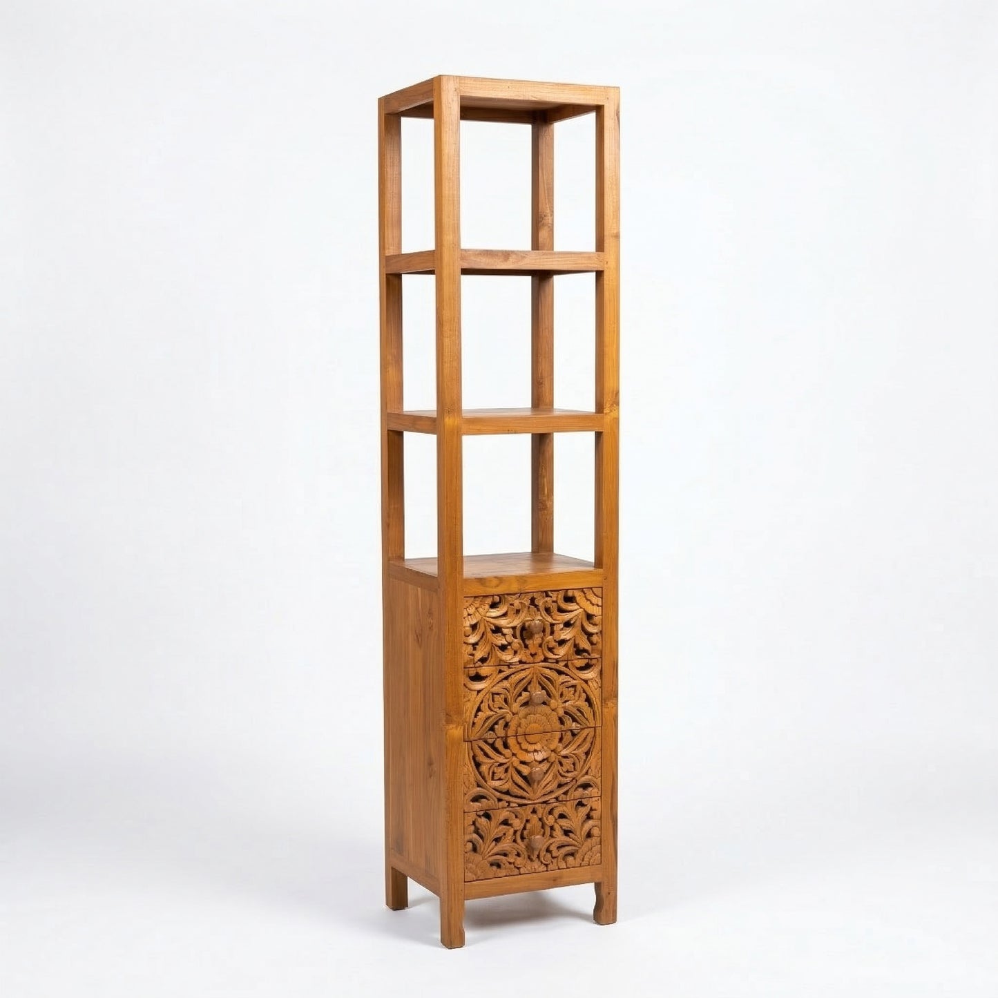 Teak Wood Hand-Carved Tall Display Shelf Cabinet with Drawers 'Mahesa' – 180 cm – Natural