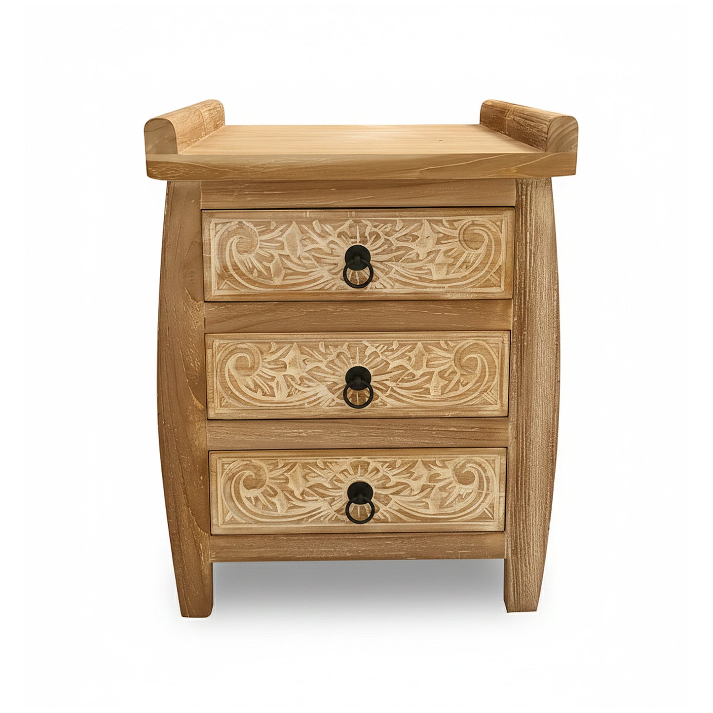 Carved Bedside Table 'Puspita' - White Wash