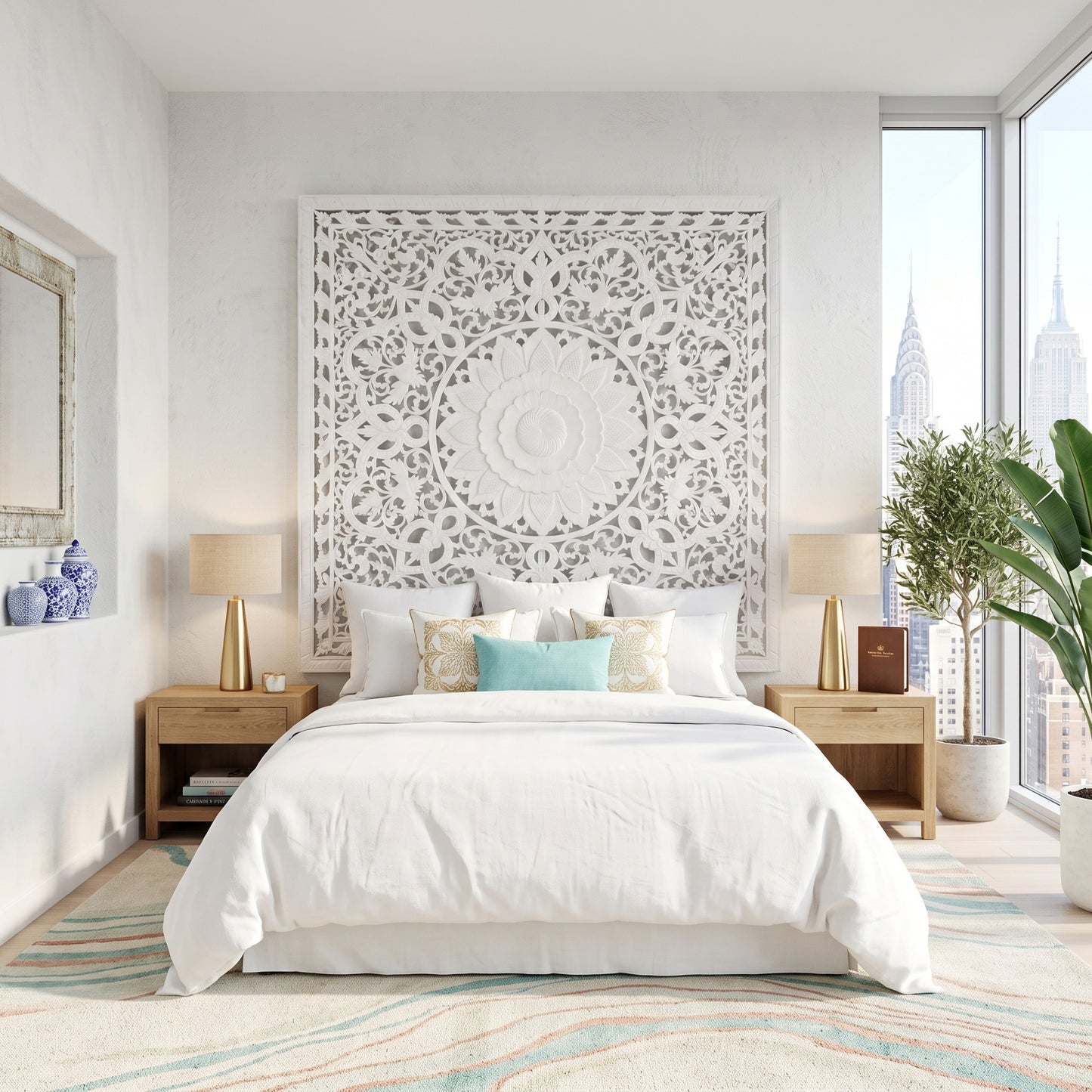 Carved Full Bed Headboard "Raflessia" - White - USA