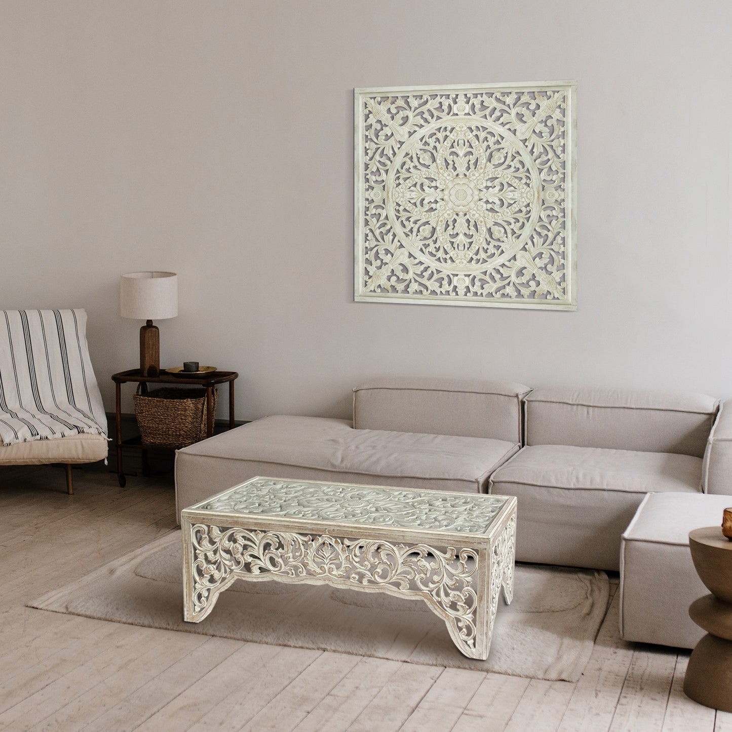 Carved Coffee Table "Salira" - White Antic Wash