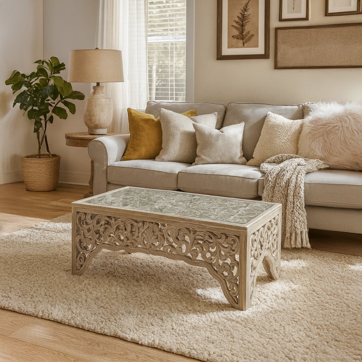Carved Coffee Table "Salira" - White Antic Wash