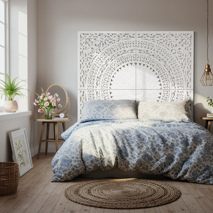 Giant Wood Wall Art / Full Bed Headboard "Seruni"- White - [US-stock]