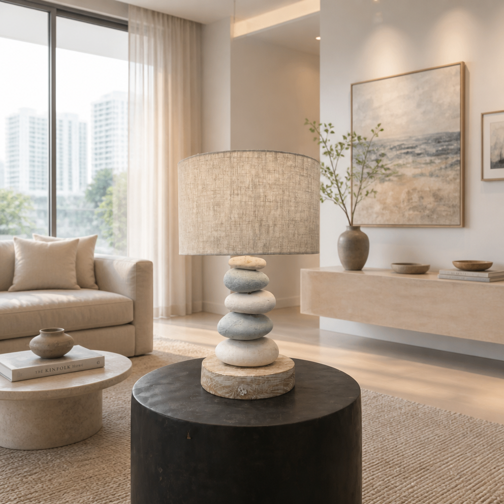 Stone Table Lamp in White and Blue 'Shila' - 45 cm