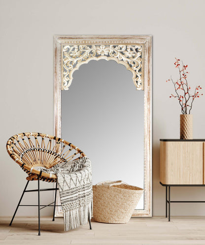 Hand Carved Mirror "Cahaya" in antic wash - 150 cm
