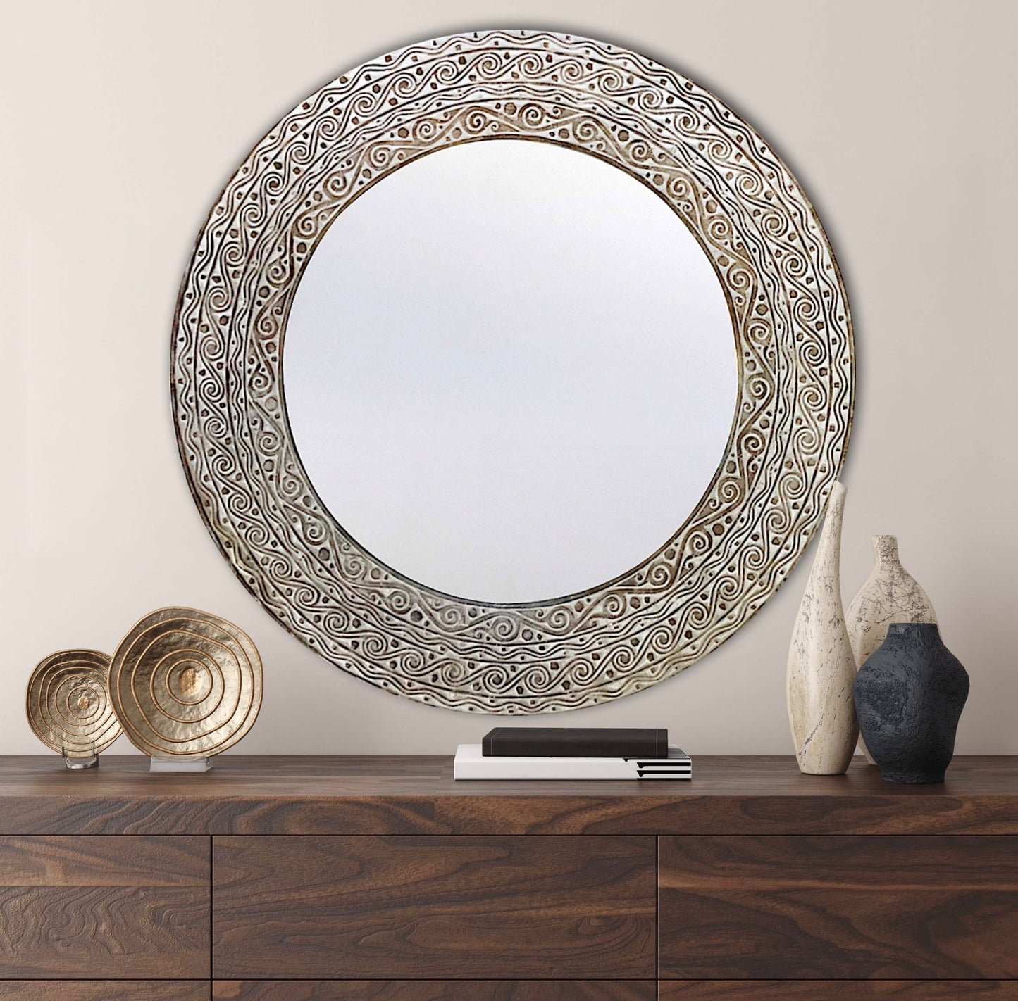 Hand Carved Mirror "Aruni" - White wash - 80 cm