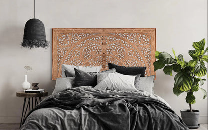 Half cut Carved Bed Headboard "Manusa" - Natural - Export