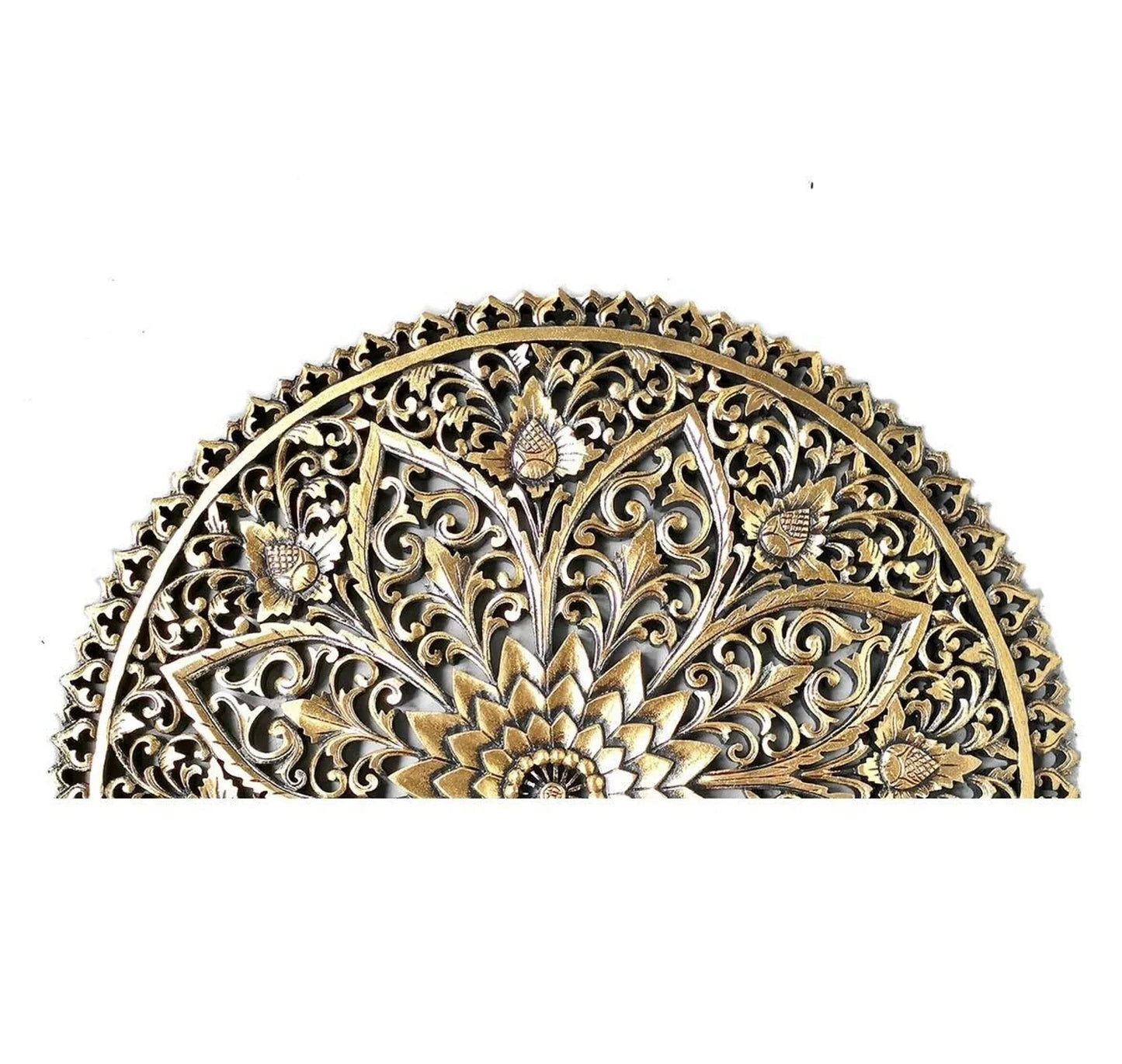Hand carved King Size Half-moon Mandala Bed headboard 'Serupa' in Gold Antic - 72 inches