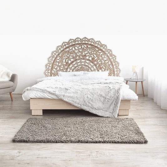 Hand carved Queen Size Half-moon Mandala Bed headboard 'Raflessia' in Antic Wash - 60 inches