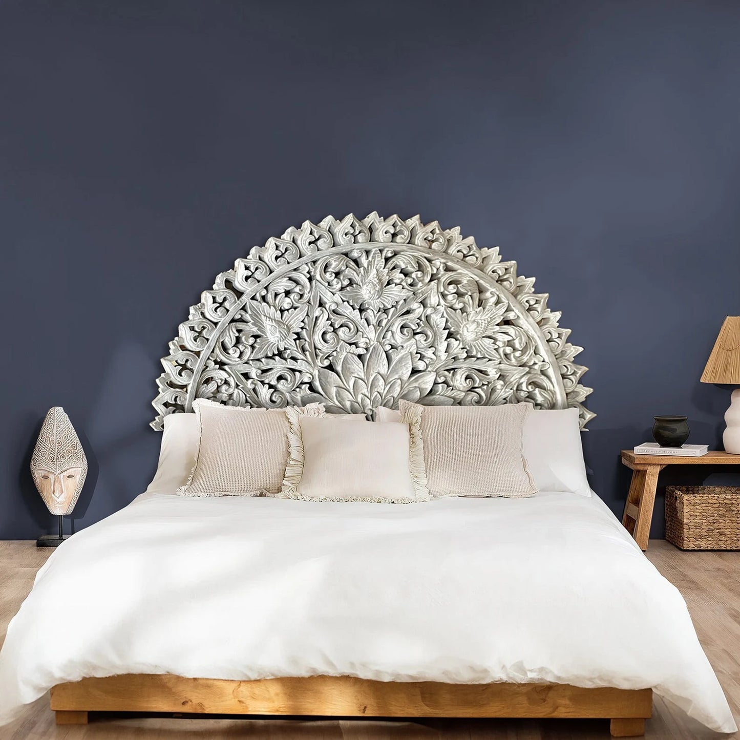 Hand carved Half-moon Mandala Bed headboard 'Serupa' in White wash - EXP