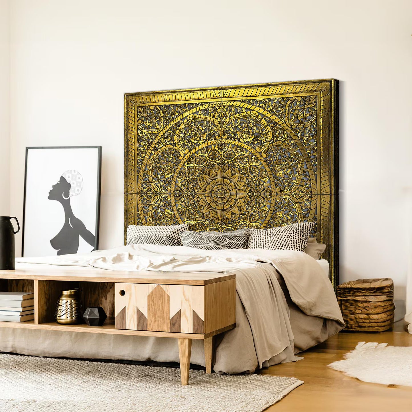 Giant Wood Wall Art / Full Bed Headboard "Manusa" - Gold Wash - USA