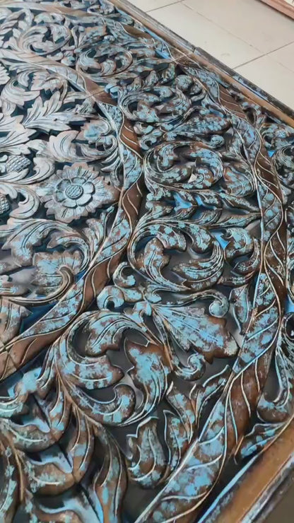 Carved Full  Bed Headboard "Dahayu" - Blue Wash - USA