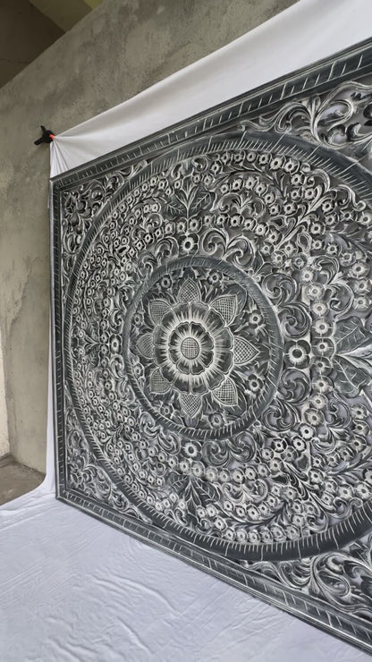 Carved Full Bed Headboard "Peony" - Monochrome