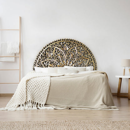 Hand carved King Size Half-moon Mandala Bed headboard 'Serupa' in Gold Antic - 72 inches