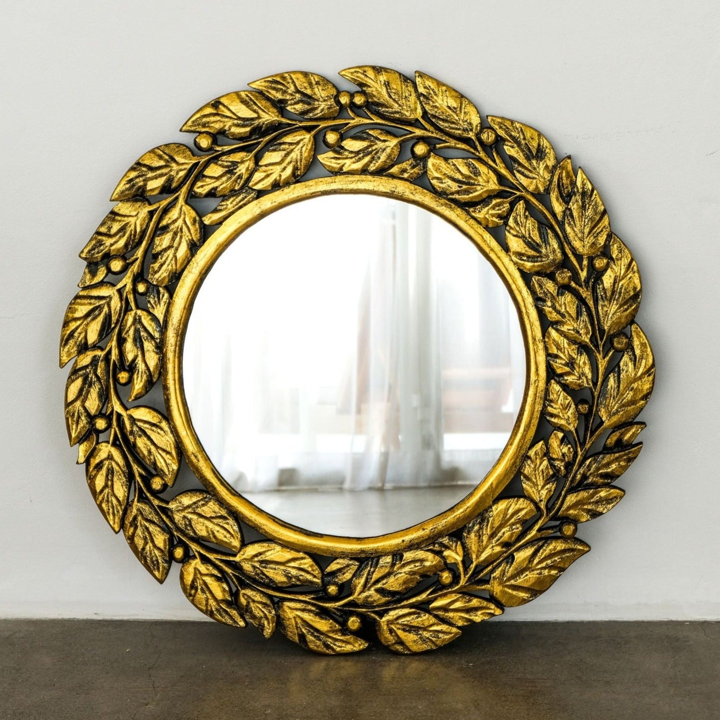 Hand Carved Mirror "Surya" Gold Wash - 70 cm