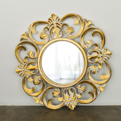 Hand Carved Mirror "Roopa" Gold white wash - 80 cm