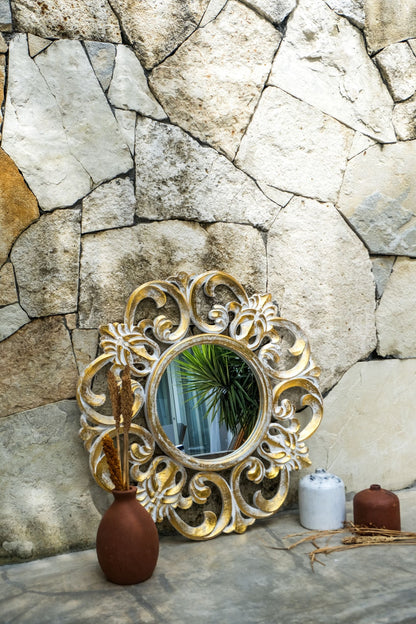 Hand Carved Mirror "Roopa" Gold white wash - 80 cm