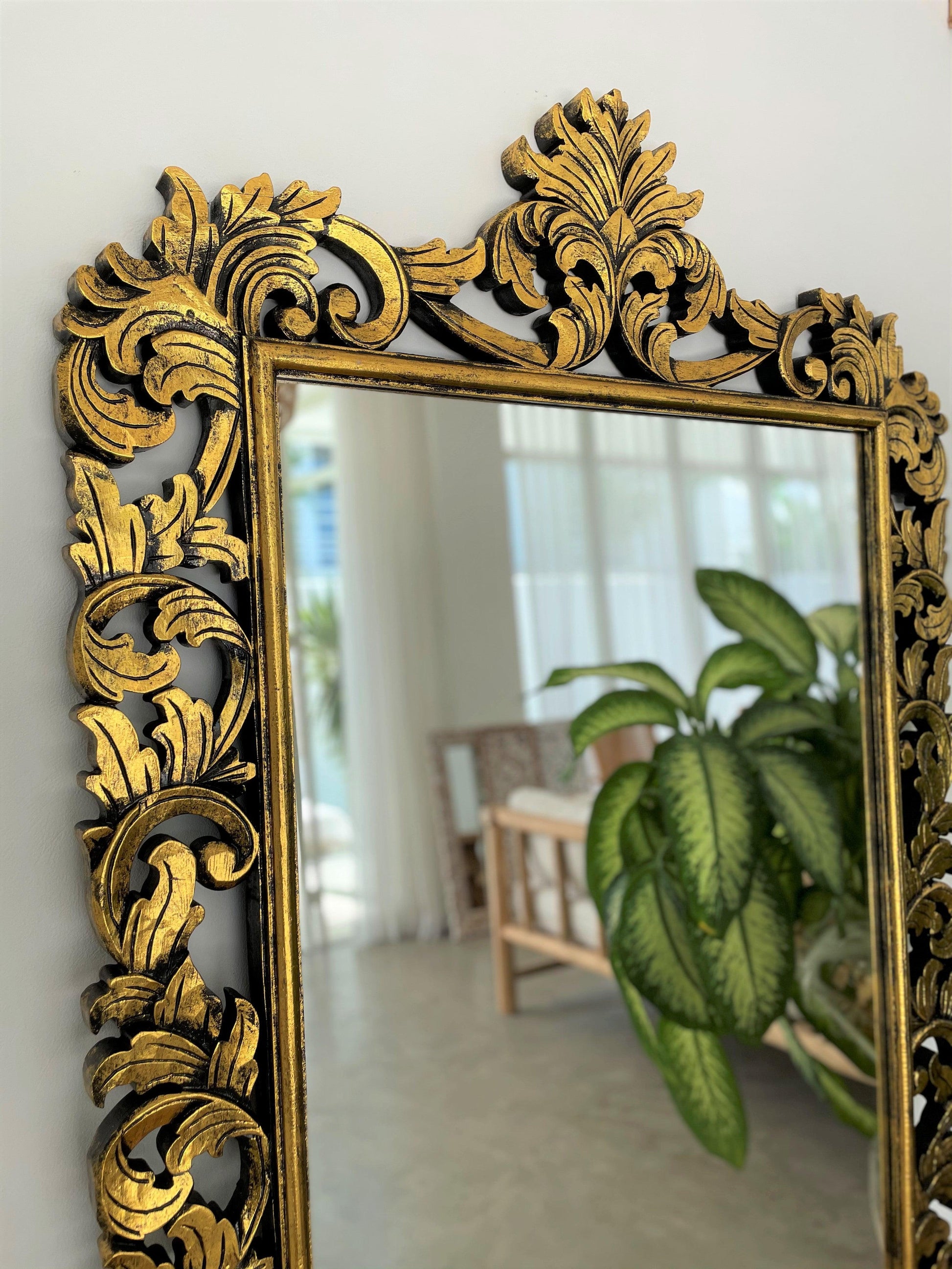 Hand Carved Mirror "Uluwatu" Gold Wash - 180 cm - Kulture Home Decor