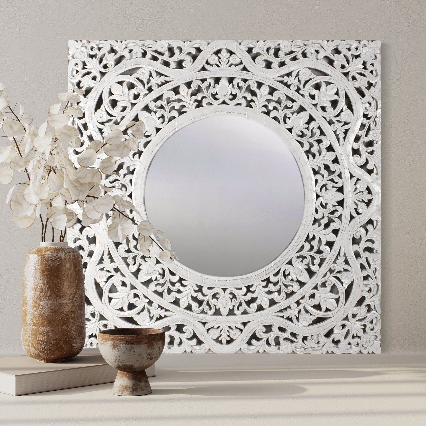 Hand Carved Mirror "Dewata" White Wash - 100 cm