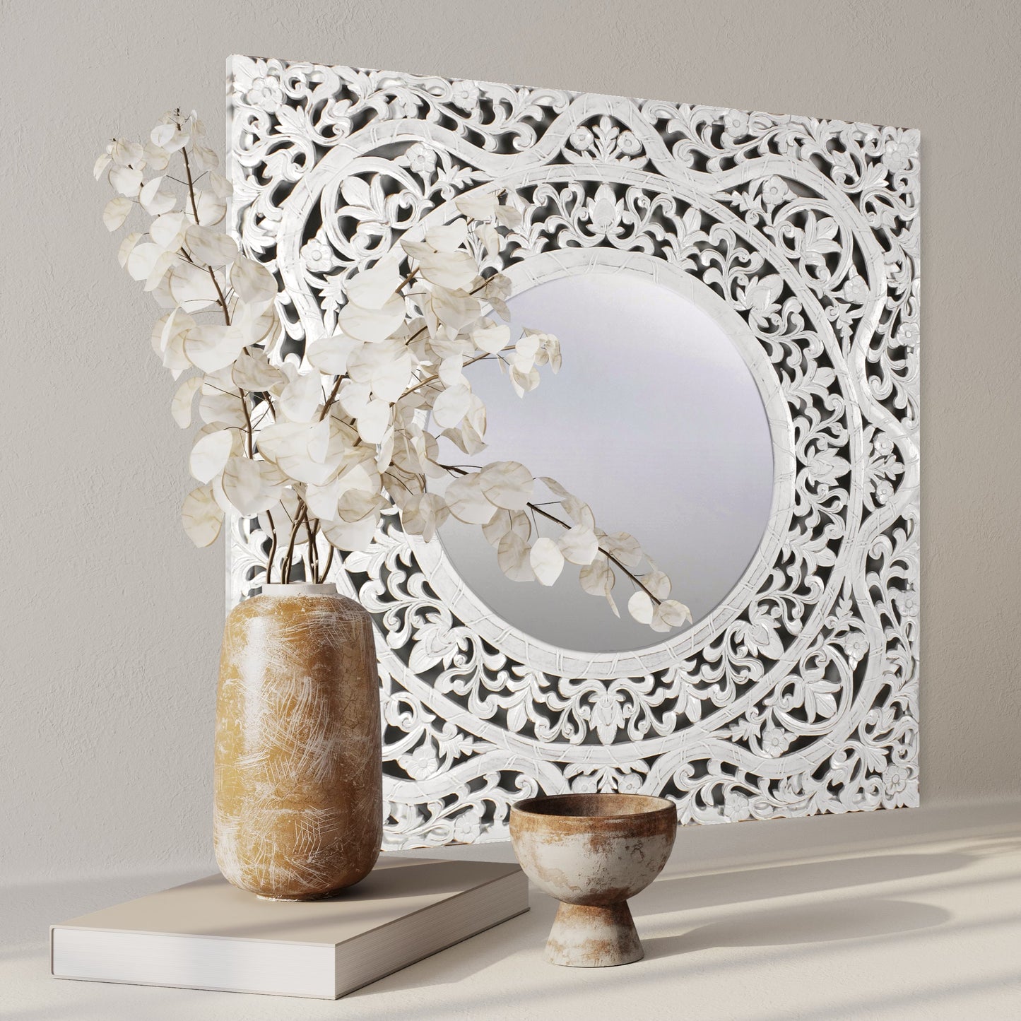 Hand Carved Mirror "Dewata" White Wash - 100 cm