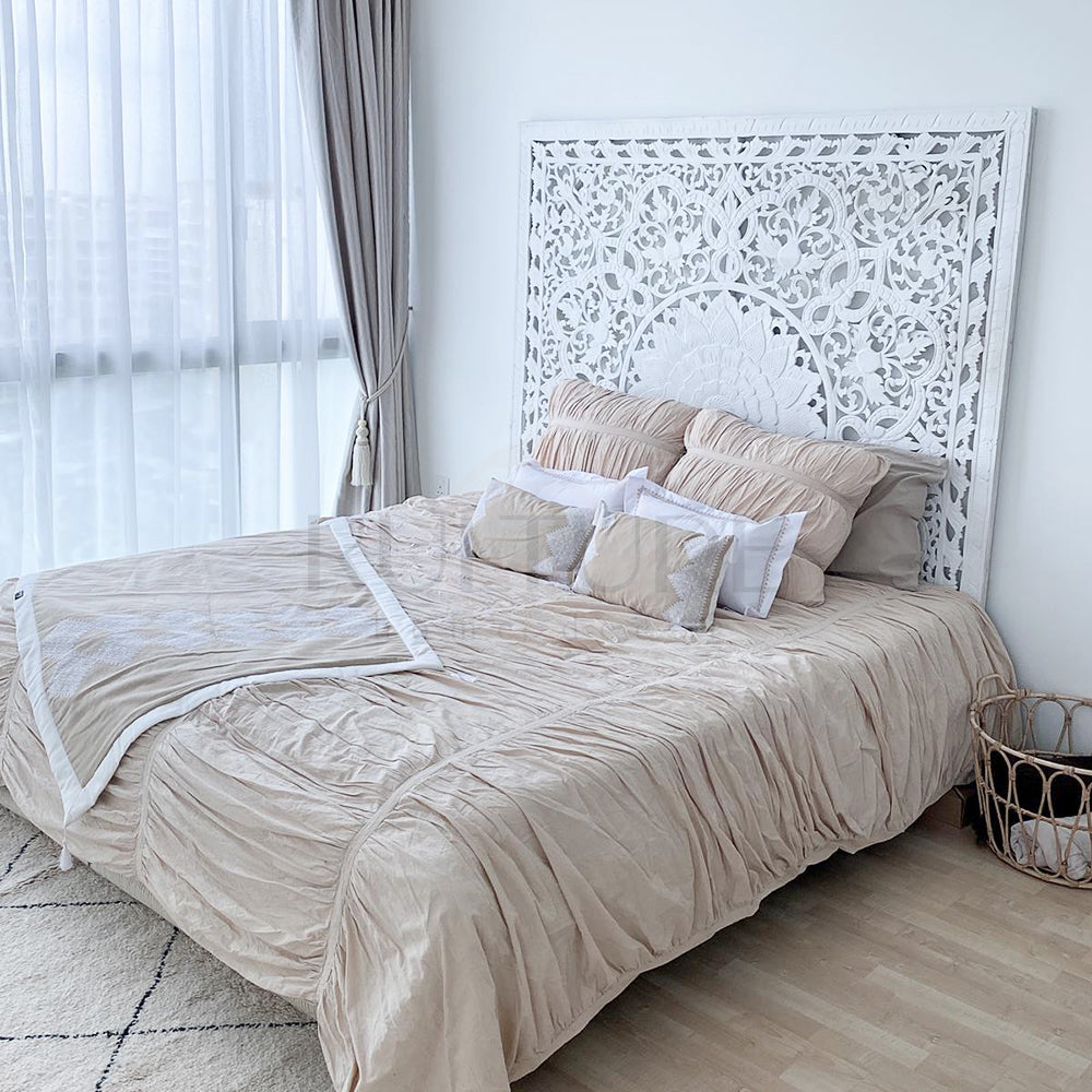 bed headboard raflessia white wash bali design hand carved hand made home decorative house furniture wood material